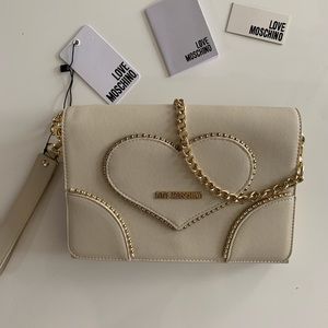 Moschino Heart Studded White Leather Clutch